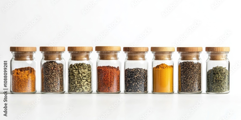 Poster collection of spices in jars positioned on a white background.