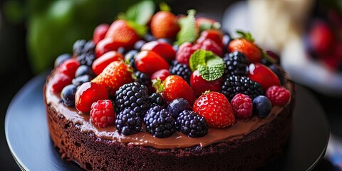 Chocolate cake topped with summer berries.