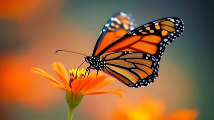 Fototapeta premium A monarch butterfly landing on a vibrant orange wildflower, with a soft-focus background.