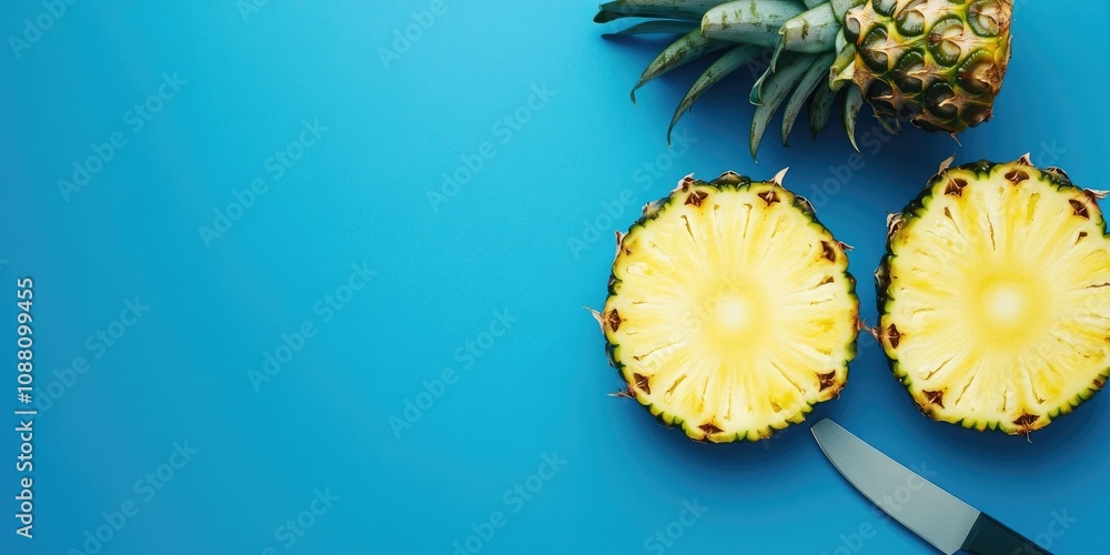 Poster pineapple sliced with a knife on a blue backdrop. vertical image. copyspace for design. summer food 