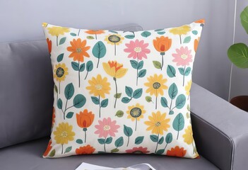 A cushion cover with a cute cartoon design on a sofa in a living room setting