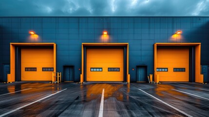 Three large orange loading docks on a dark blue building under a stormy sky.