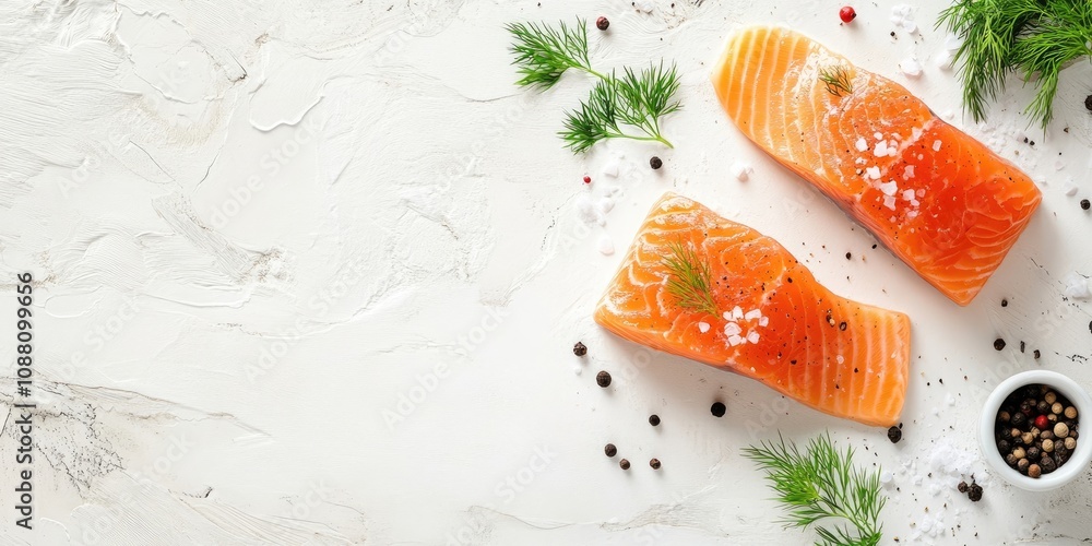 Aufkleber an overhead image of two salmon slices on a white surface, featuring space for text, accompanied by 