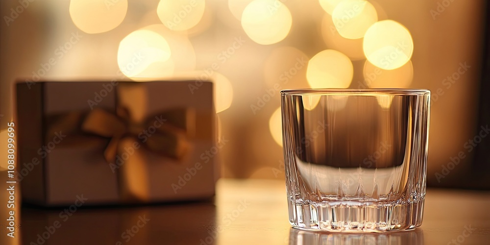 Poster close-up of a glass cup with a blurred delicate box in the background and copyspace.