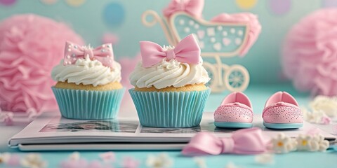 Delicious cupcakes with bows and baby shoes, a decorative baby carriage, and a photo album on a colorful background.