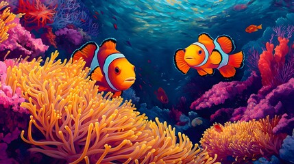 A pair of clownfish peeking out from a brightly colored sea anemone in a coral reef.


