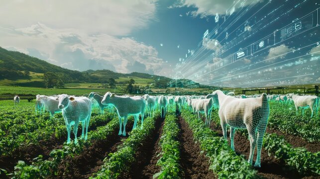 A herd of sheep in a field with a digital overlay of data, symbolizing the use of technology in agriculture. - Powered by Adobe