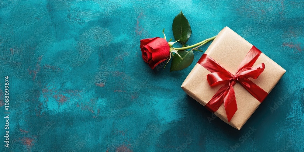 Poster a red rose and a ribboned gift box are on a table with a blue background. this is a high angle view.