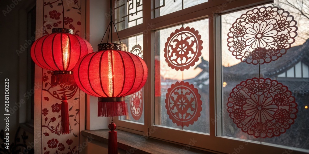 Poster lanterns and paper cuttings a creative composition showcasing a mix of red lanterns and traditional 