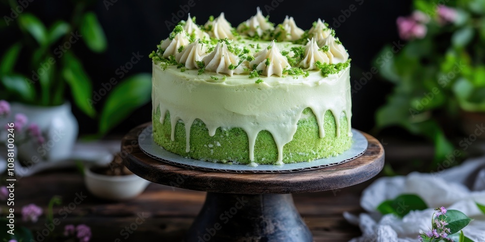 Poster Pandan Layer cake filled with custard and topped with buttercream frosting.