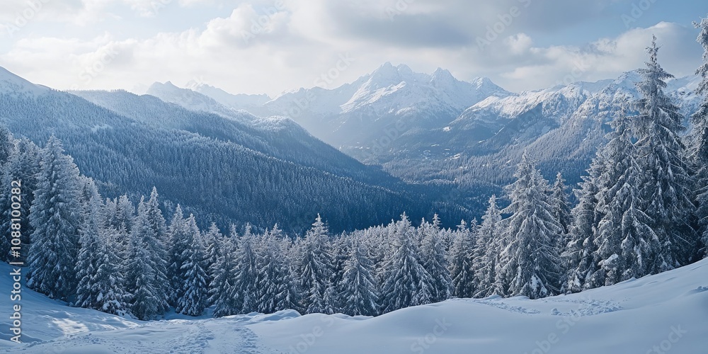 Fototapete view from the summit of the mountains covered in snow. winter scenery featuring a fir forest followi