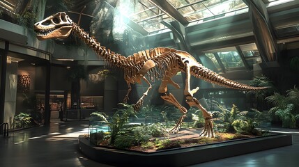 A realistic dinosaur skeleton displayed in a natural history museum setting.  