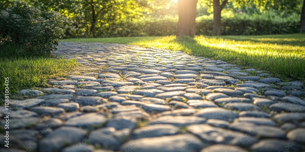 Poster Cobblestone walkway in the park with some green grass nearby. Empty copy space for Editor's text. Sunlight.