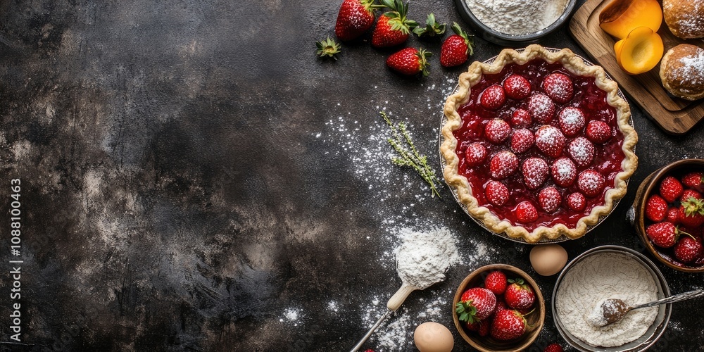 Poster bakery backdrop. strawberry pie recipe. unprocessed ingredients for preparing a strawberry pie or ca
