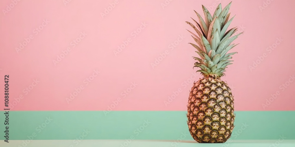 Poster pineapple on a pink and green backdrop with copy space.
