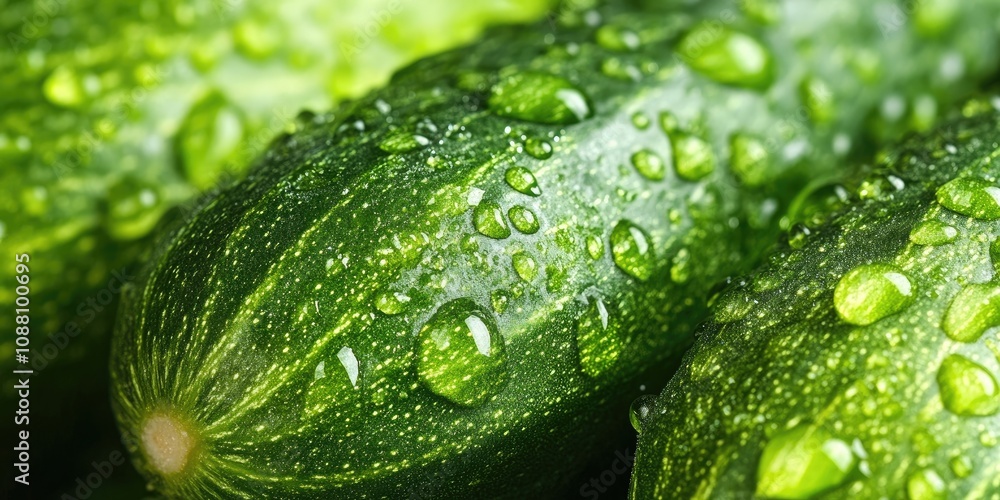 Poster water droplets on a ripe cucumber. fresh vegetable background with copyspace for your text. concept 