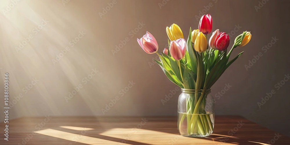 Poster a vase of multicolored tulips sits on the table near the wall. selective focus.