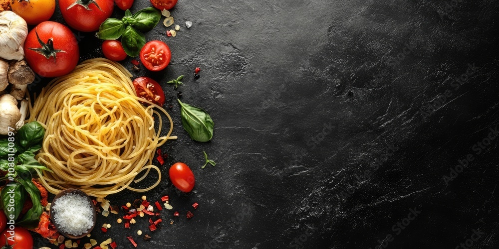 Poster spaghetti dish on a black stone backdrop with space for text.