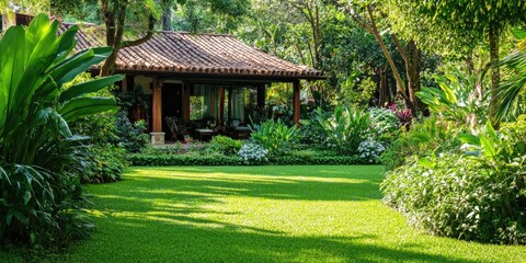 Obraz premium Green summer garden of a resort exterior, stock image
