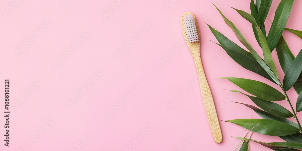 Poster Bamboo toothbrush placed on a table with copy space against a pink background. A styled flat lay composition featuring bamboo leaves.