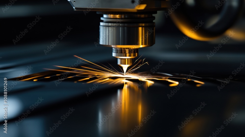Aufkleber a detailed view of a laser cutting machine's focused beam slicing through metal with precision, lase