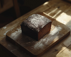 traditional dark rye bread on a wooden board in soft light emphasizing its rich texture