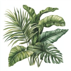 Obraz premium Lush Tropical Leaves Exotic Foliage Botanical Illustration White Background Greenery Palm Monstera