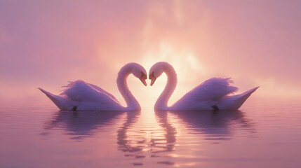 Two swans forming a heart shape with their necks in a calm lake, reflecting soft sunset hues. keyword