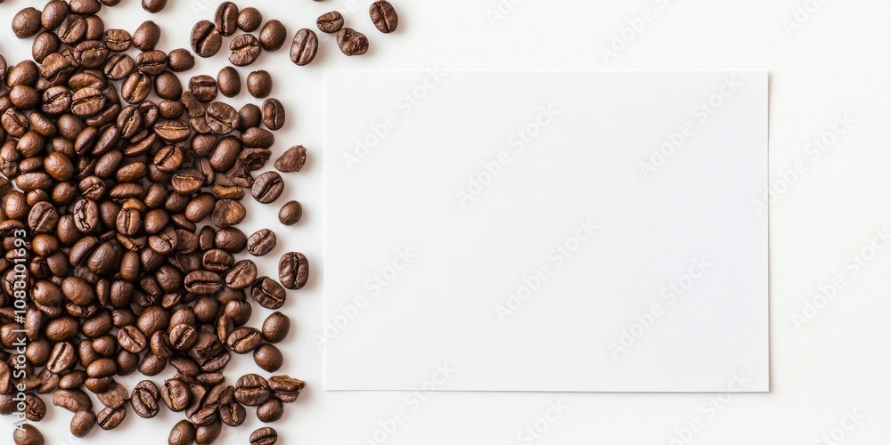 Poster close-up view of coffee beans alongside blank paper on a white background. blank paper for copyspace