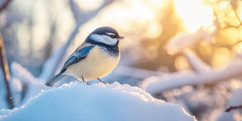 Obraz premium Photography of a tit bird on a sunny winter day. The bird is perched on a snowdrift. Theme focuses on animals.
