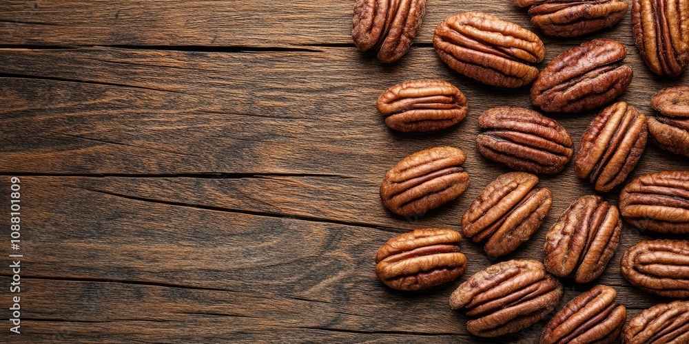 Poster Pecan nuts on a wooden surface, top view with copyspace. Close-up view of the nuts.