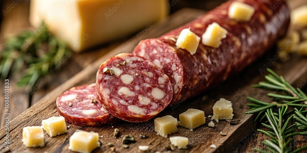 Poster sausage sliced on a wooden board with cheese pieces embedded inside, selective focus and copyspace.