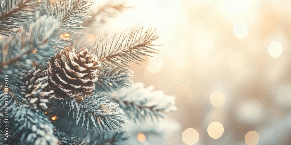 Poster close-up of a pine branch adorned with decorations. background for christmas and new year holidays. 