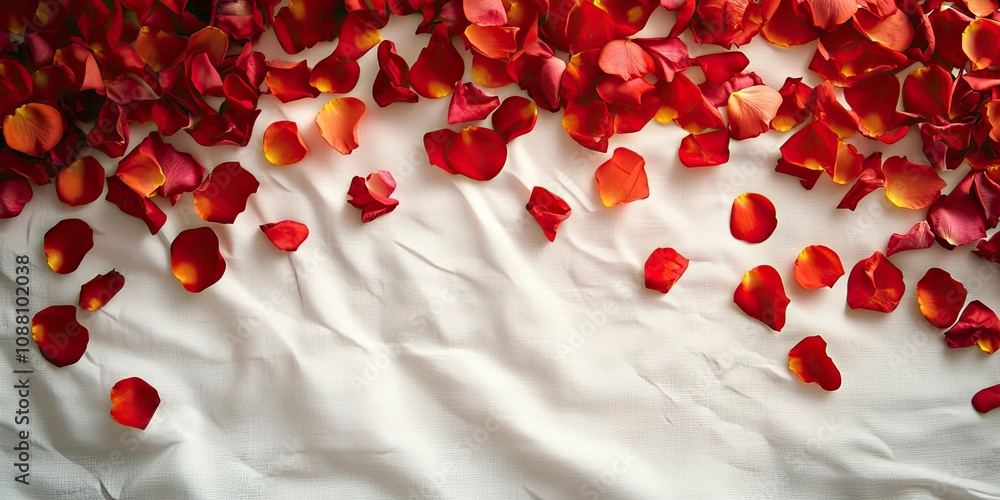 Poster beautiful romantic rose petals scattered on a white sheet create a simple yet striking and colorful 