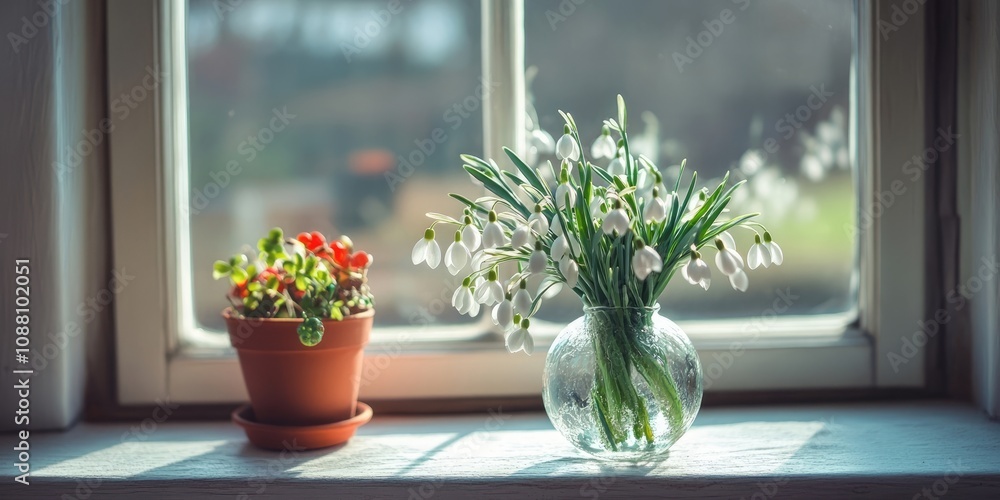 Poster Bouquet of snowdrops and a mass-produced tree toy in the window.