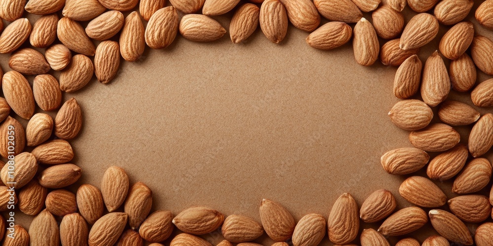 Poster Almonds arranged in a flat lay pattern with circular copy space for text. Whole and peeled almond nuts. Top view. Suitable for wrapping paper, posters, greeting cards, covers, and sale backgrounds.