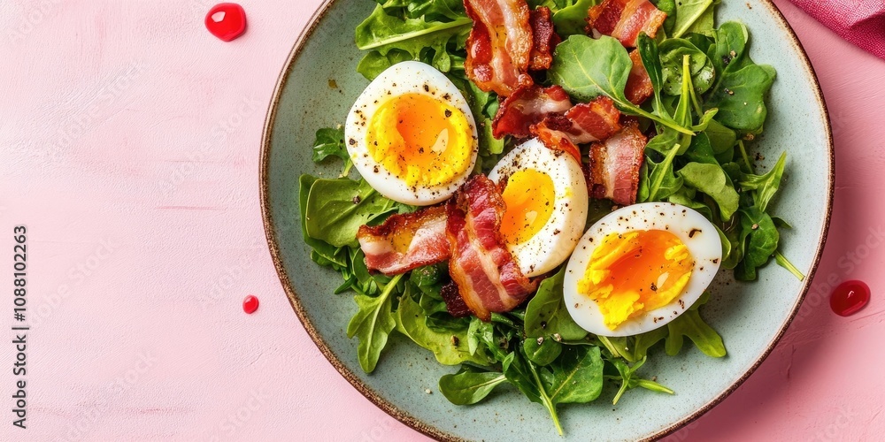 Aufkleber boiled egg and crispy bacon salad with watercress on a pink background