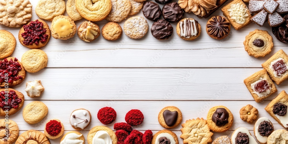 Poster a variety of biscuits, sweets, and cookies arranged in a frame. a top view of a table scene on a whi
