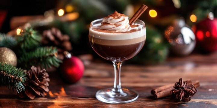 Traditional Christmas alcoholic cocktail - Irish Cream and Cola de mono (monkey tail), garnished with cinnamon. Set against a backdrop of Christmas decorations on a wooden table. Copyspace