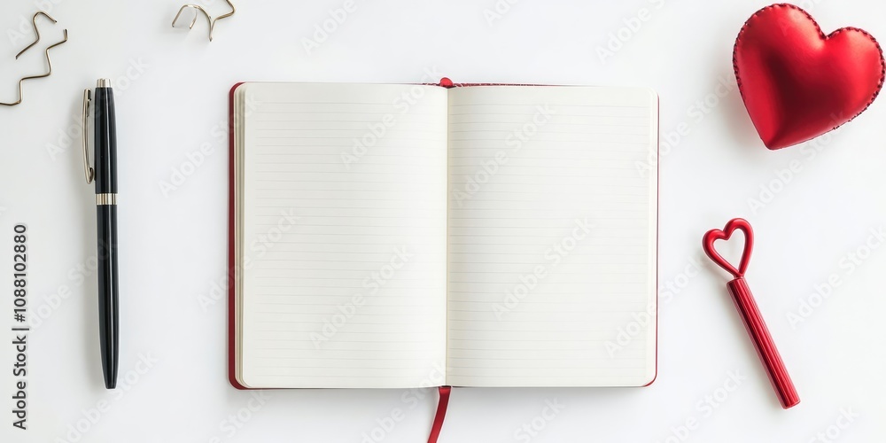 Leinwandbilder top view of an open blank notebook or diary with a pen and a heart-shaped binder clip on a white des