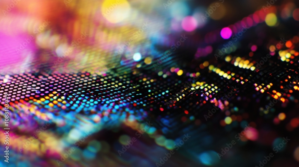 Poster a detailed view of a quantum dot display pixel, showcasing vibrant colors and energy efficiency, dis