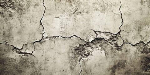 Fototapeta premium Close-up of cracked concrete wall texture, unpainted cement background in vintage style for graphic design or retro wallpaper, showcasing the texture of cracks in the concrete wall.