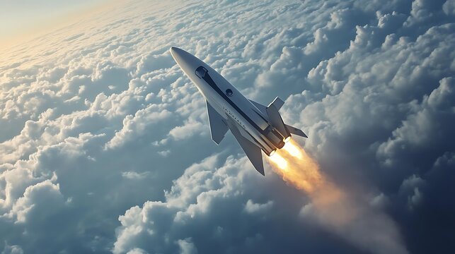 Futuristic spacecraft ascending through clouds, leaving a fiery trail.