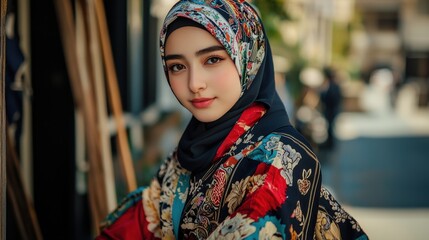 Fototapeta premium Young Woman Wearing Vibrant Floral Hijab and Kimono Style Dress