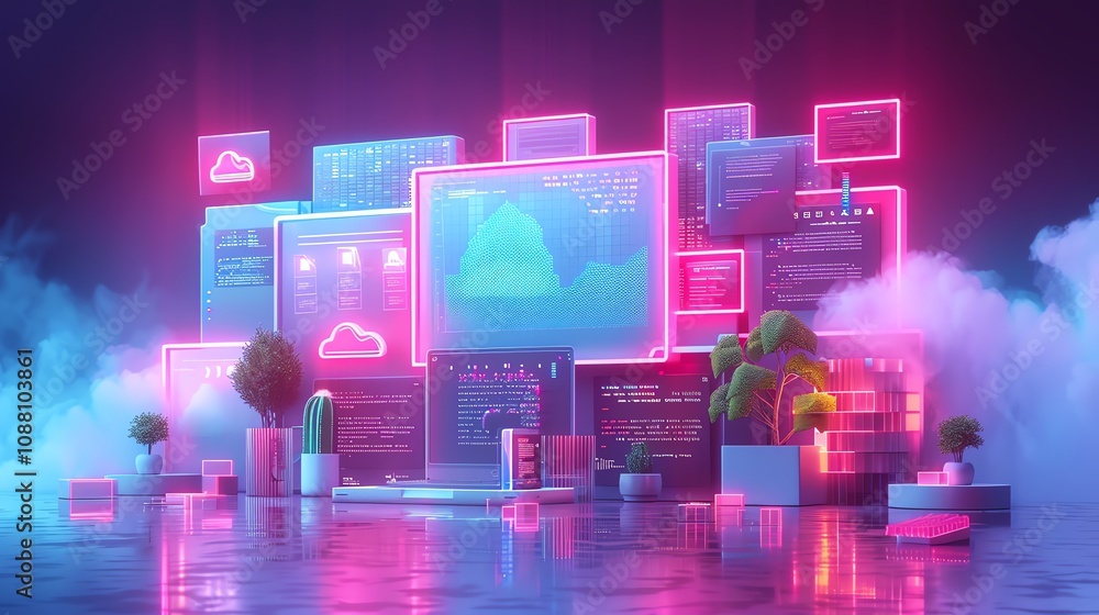 Poster neon-lit digital workspace with glowing screens displaying data, code, and cloud icons.