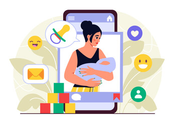 Mother video blogger. Woman with child in arms on smartphone screen. Popular blogger and influencer, freelancer. Motherhood and childhood. Flat vector illustration