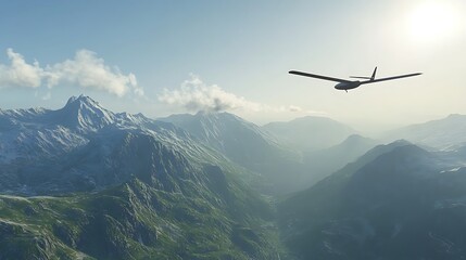 Glider soaring over majestic snow-capped mountains under a bright sun.