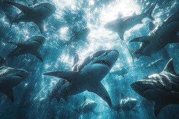 Obraz premium A large Great White shark swims in a school of sharks, illuminated by sunlight from above.