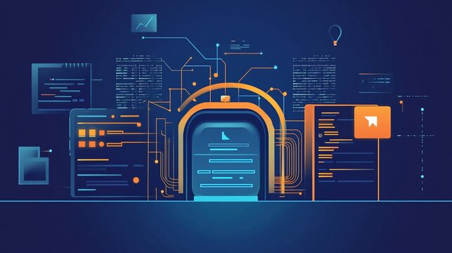 Digital transformation, data processing, and secure server concept.
