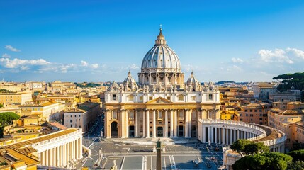 Fototapeta na wymiar A stunning view of St. Peter's Basilica in Vatican City, showcasing its iconic dome against a bright blue sky.